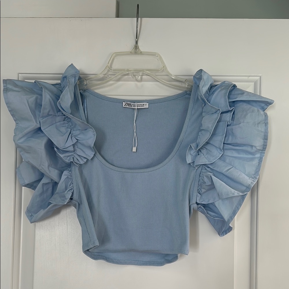 Zara Blue Ruffled Crop Blouse